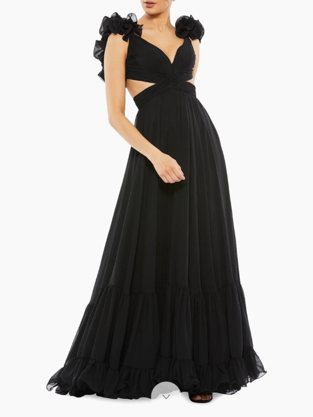 New with Tags - Mac Duggal Black Ruffle Tiered Cut-Out Chiffon Gown